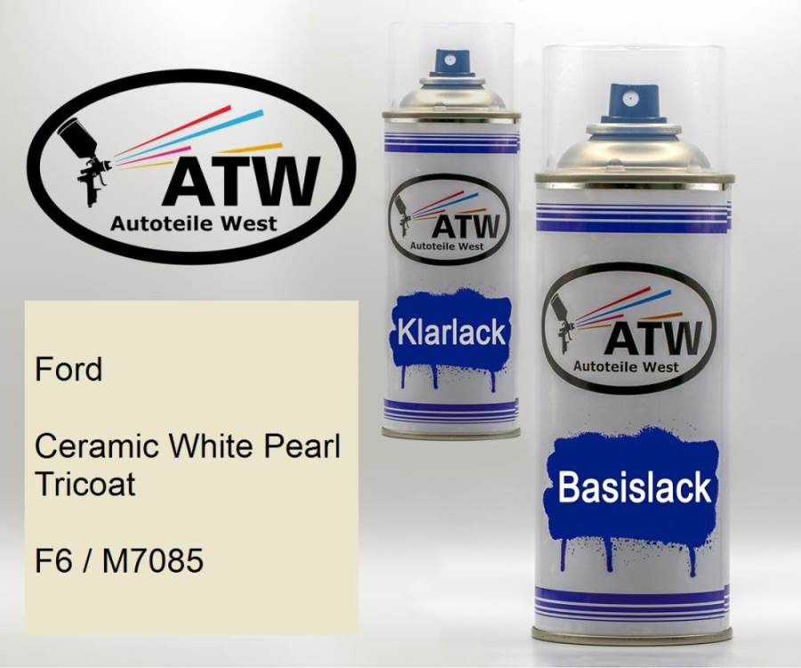 Ford, Ceramic White Pearl Tricoat, F6 / M7085: 400ml Sprühdose + 400ml Klarlack - Set, von ATW Autoteile West.